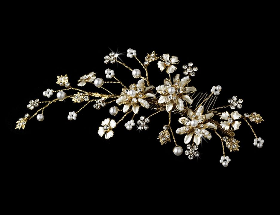 Gold Floral Vine Bridal Hair Comb with Pearls and Swarovski Crystals