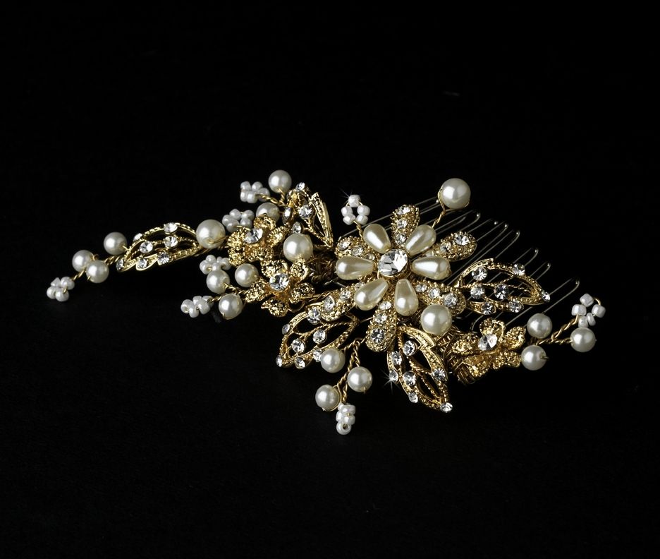Details about NEW GOLD LEAVES BRIDAL WEDDING HAIR COMB WITH IVORY ...