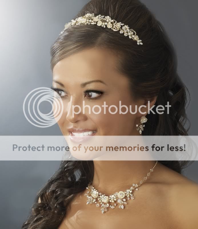 RUM PEARL CHAMPAGNE GOLD BRIDAL TIARA & NECKLACE SET  